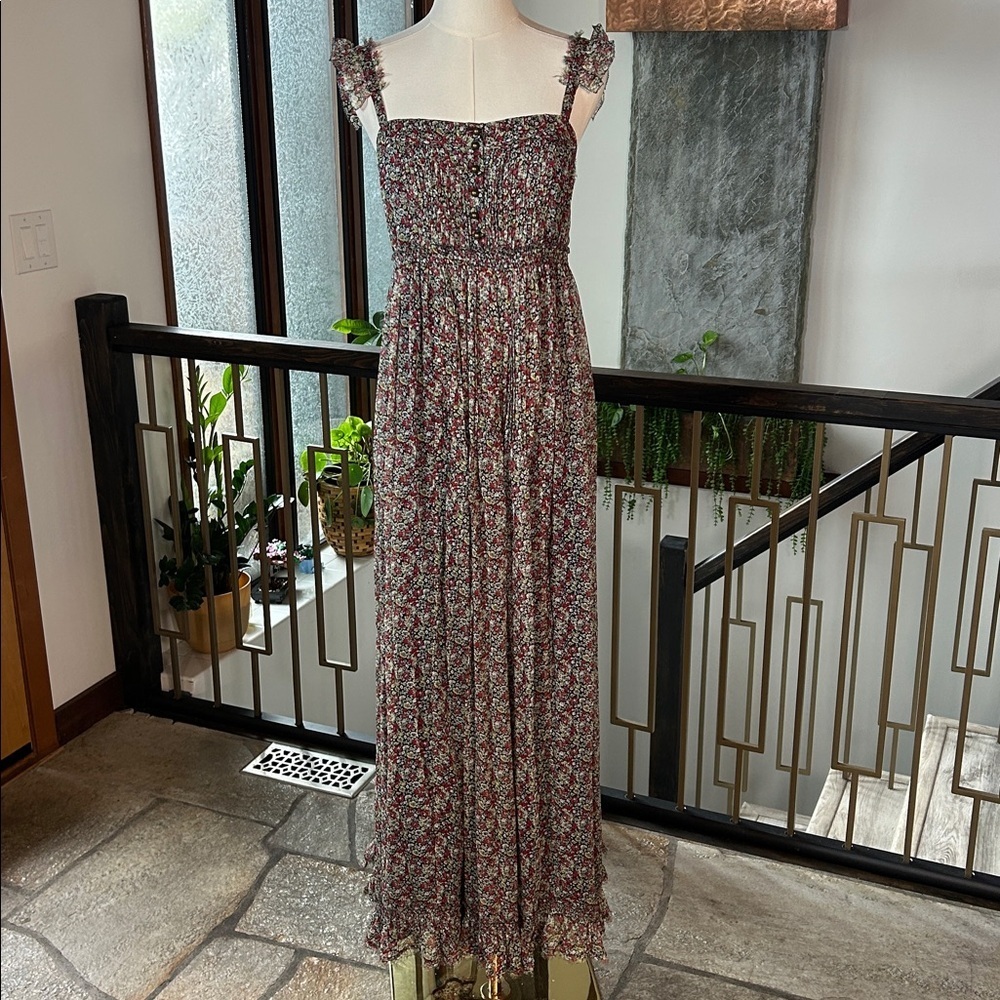 Juicy Couture 100% Silk Y2K Cottagecore Whimsigoth Floral Maxi Dress Ruffle Trim